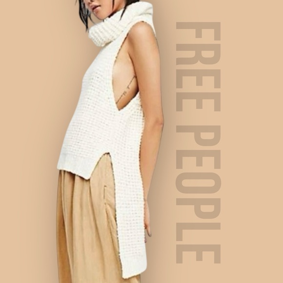 Free People Knit Sweater XS Ivory Skyscraper Sleeveless Turtleneck Pullover - Picture 1 of 14